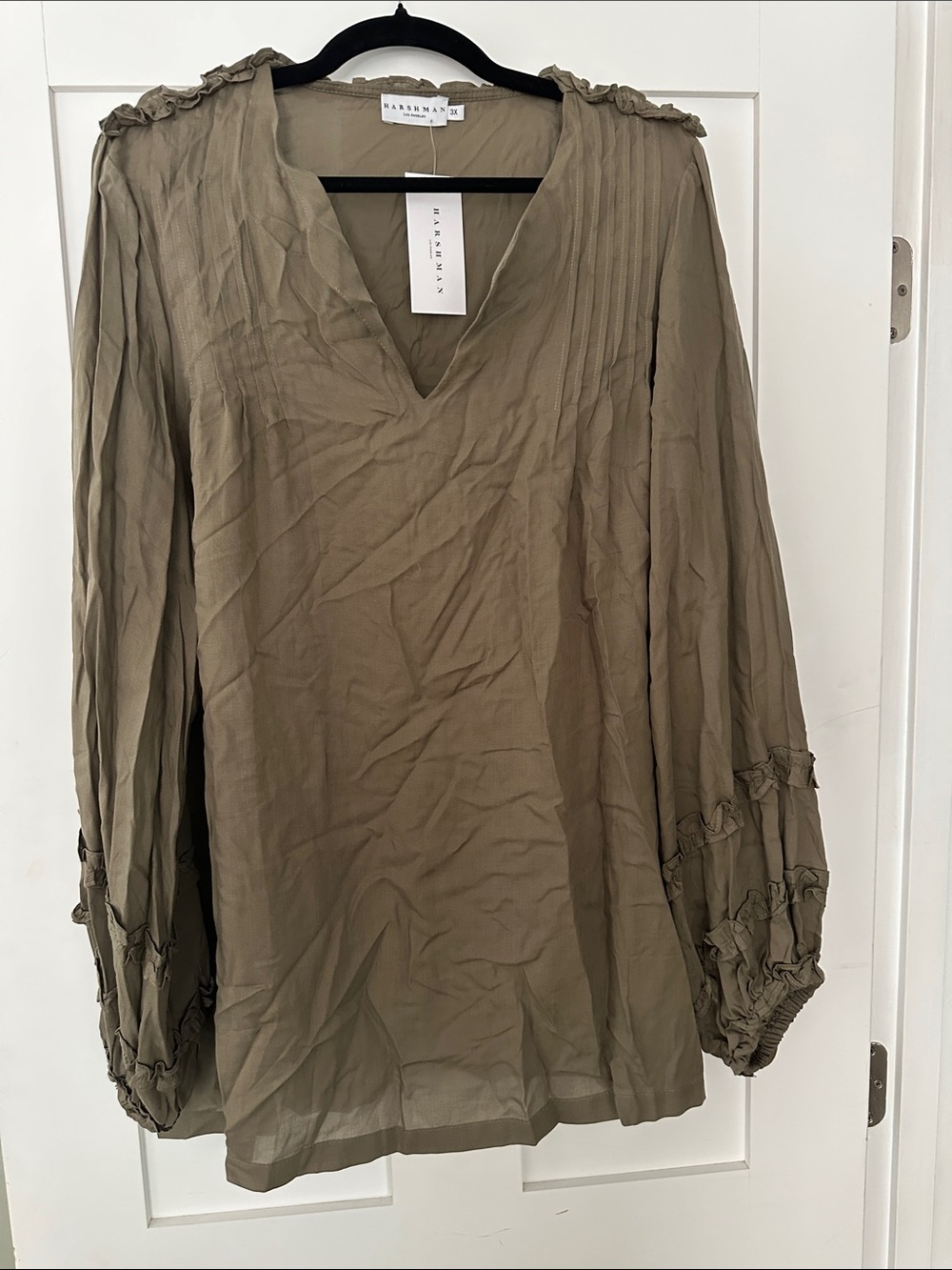 Harshman Olive Green V-Neck Long Sleeve Blouse 05